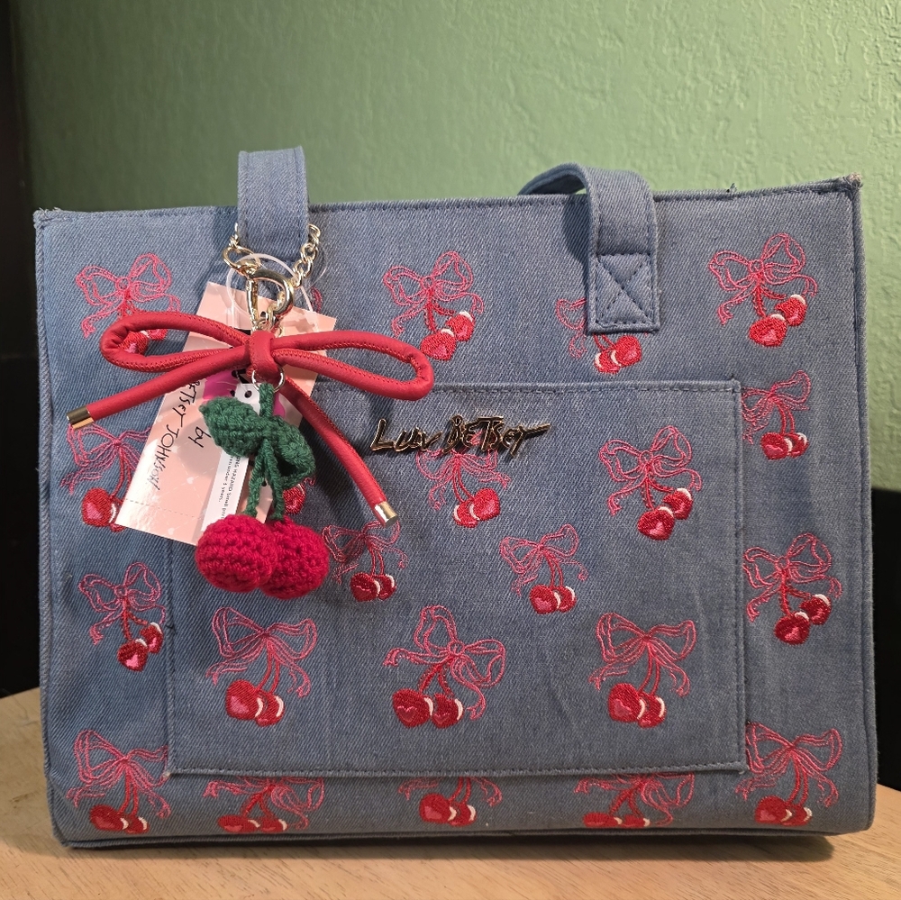 Betsey Johnson Blue Denim Tote with Red Cherry Embroidery